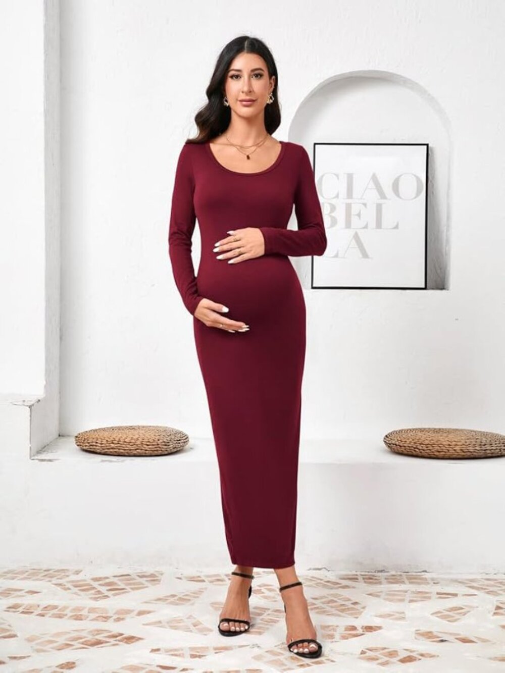 🤰 Burgundy Long Sleeve Maternity Maxi Dress Small NWT Baby Shower Photoshoot 🤰